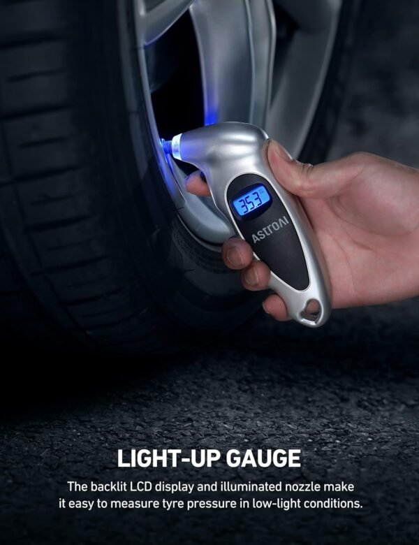 AstroAI Digital Tyre Pressure Gauge 150 PSI 4 Settings for Car Truck Bicycle with Backlit LCD and Non-Slip Grip Tyre Pressure Checker, Silver